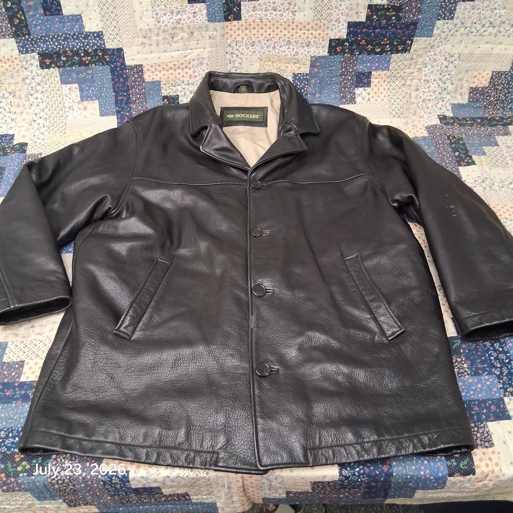 Vintage Dockers Khakis Leather Car Coat Mens Large Black Heavyweight Button